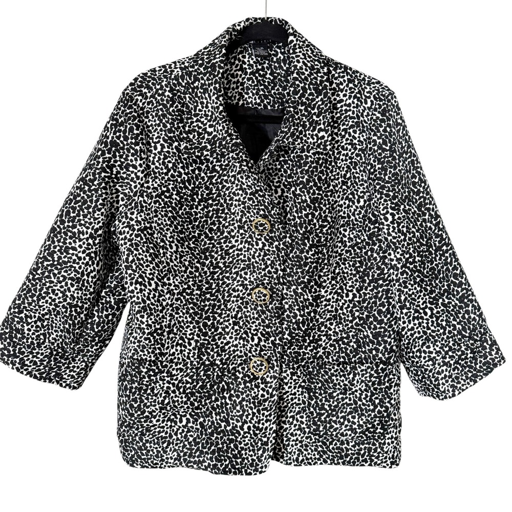 Carole Little Vintage Leopard Print Blazer Black White Gold Button Jacket XL
